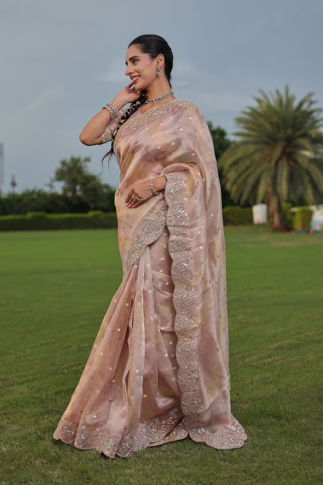 Fancy Tissue Saree with Dori, Gota, Pearl & Zardozi Embellishments