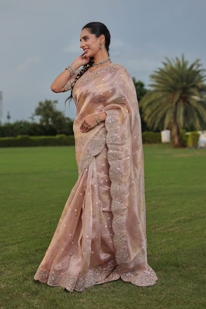 Fancy Tissue Saree with Dori, Gota, Pearl & Zardozi Embellishments