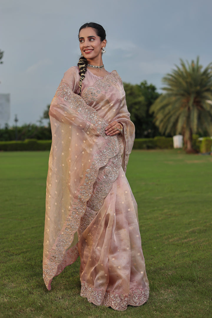 Fancy Tissue Saree with Dori, Gota, Pearl & Zardozi Embellishments