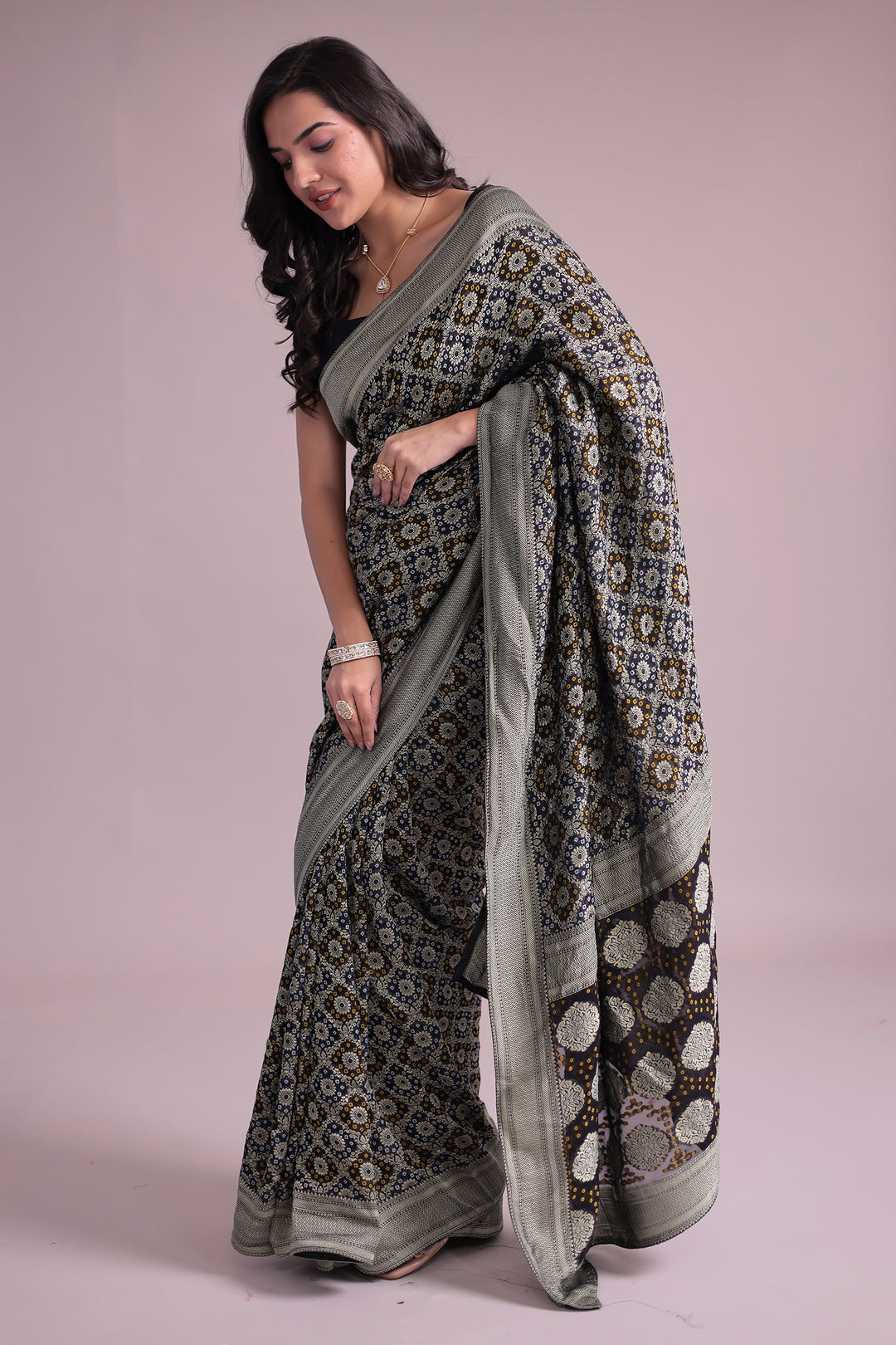 Black Power loom Bandhej Look Saree