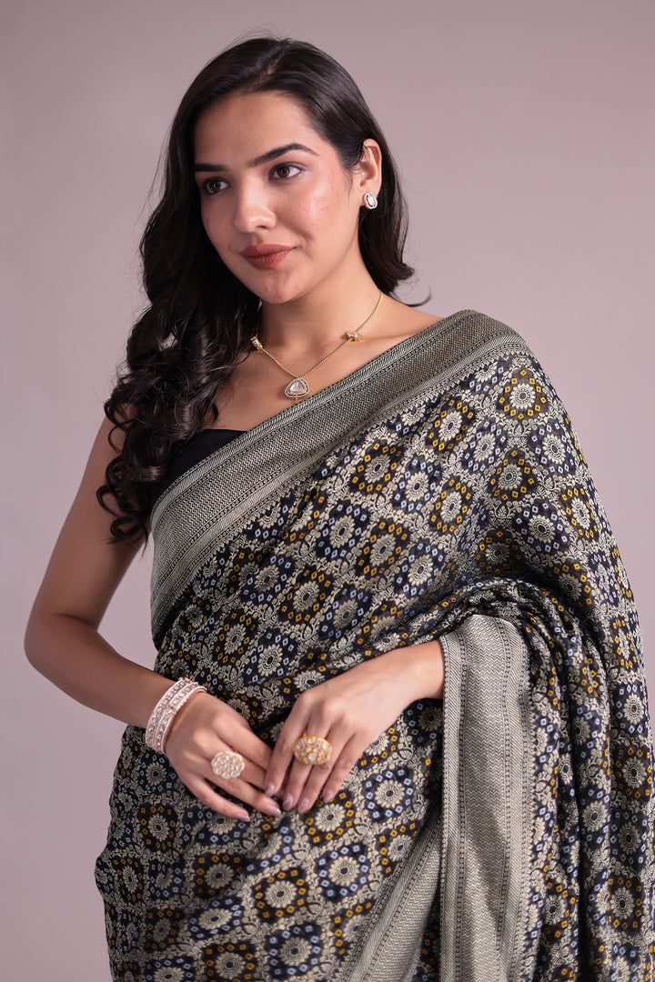 Black Power loom Bandhej Look Saree