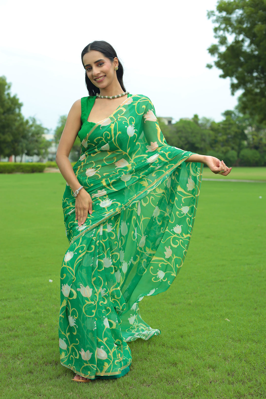 green floral print saree