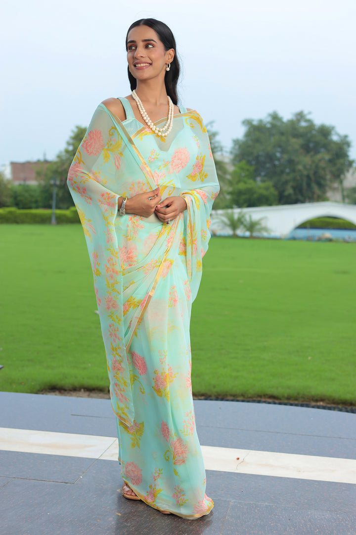 Chiffon Saree  with Printed, Zari border work.