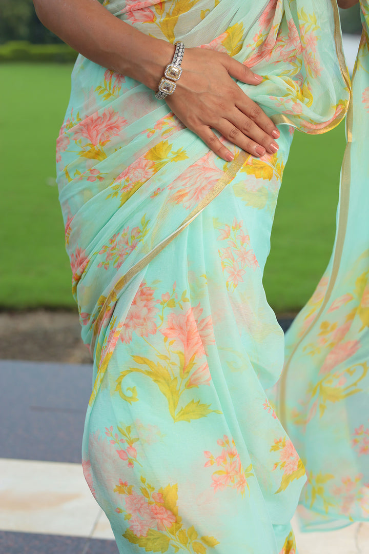 Chiffon Saree  with Printed, Zari border work.