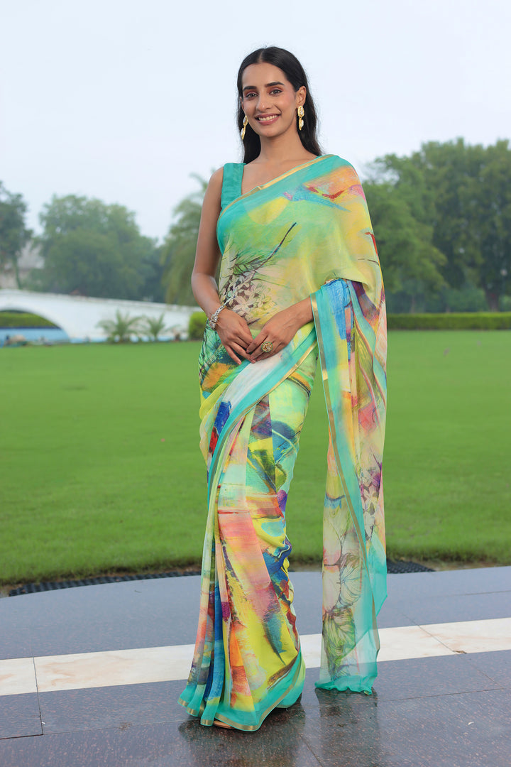Chiffon  Saree  with Printed, Zari border work.