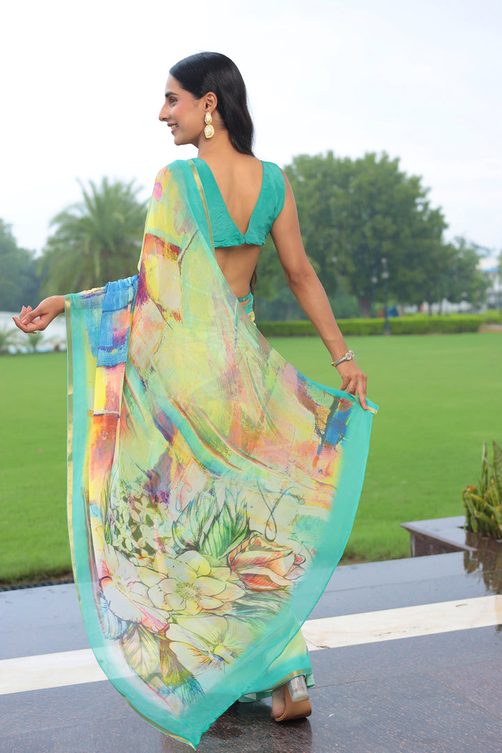 Chiffon  Saree  with Printed, Zari border work.