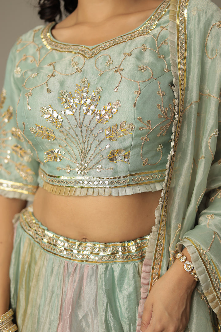 Pastel Multicolor Shimmer Tissue Lehenga with Dori, Gota Patti and Pearl work