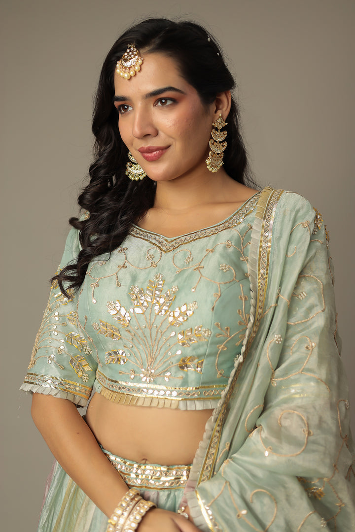 Pastel Multicolor Shimmer Tissue Lehenga with Dori, Gota Patti and Pearl work