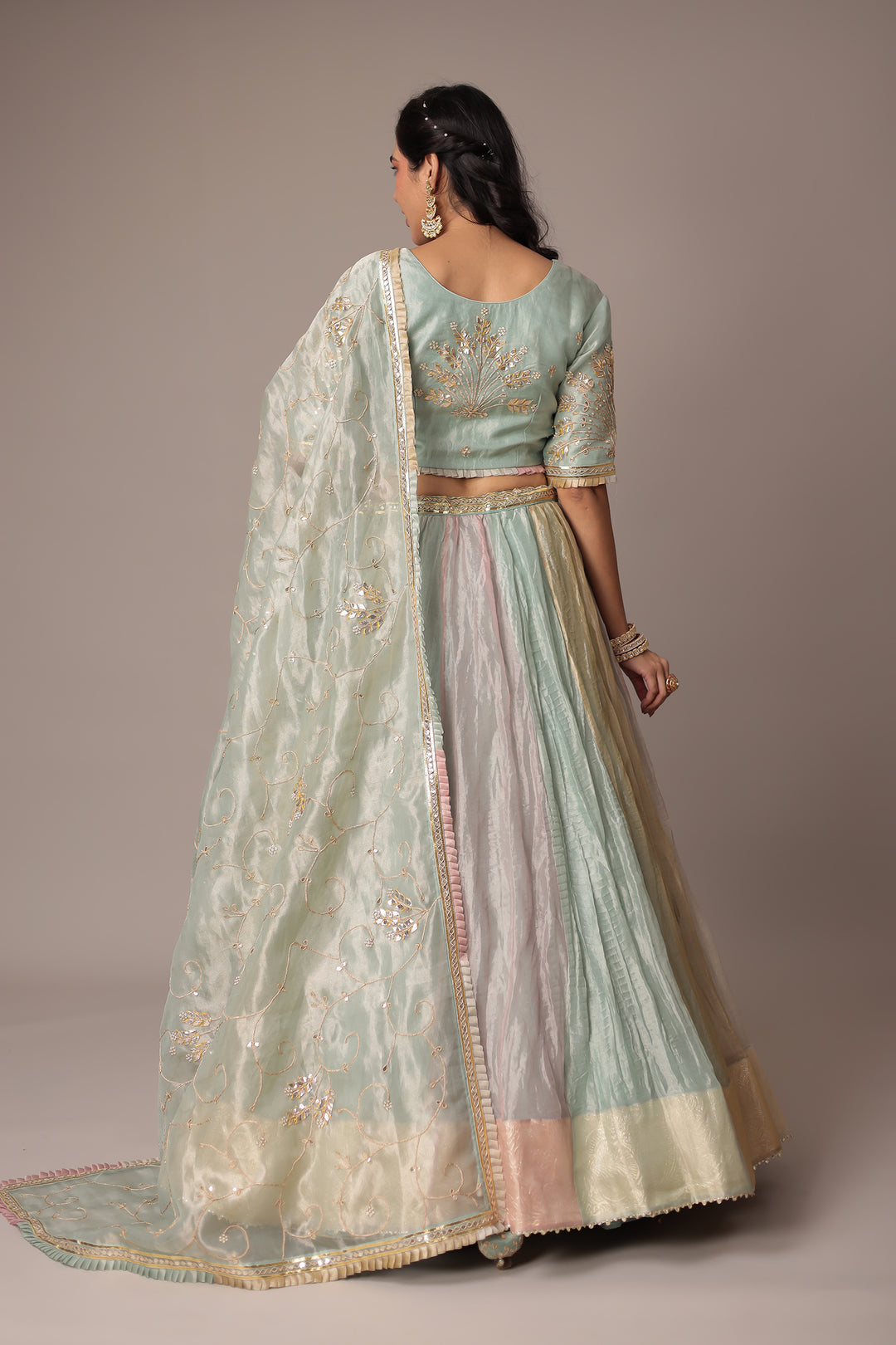 Pastel Multicolor Shimmer Tissue Lehenga with Dori, Gota Patti and Pearl work