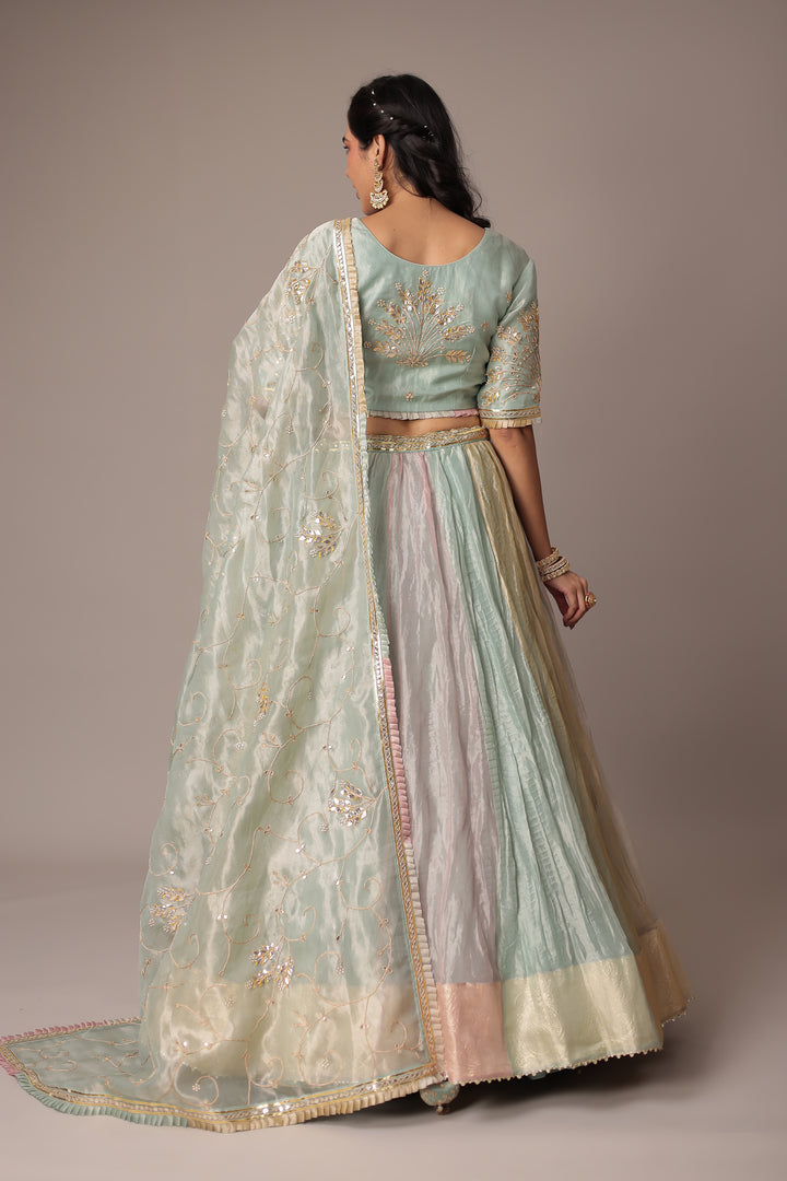 Pastel Multicolor Shimmer Tissue Lehenga with Dori, Gota Patti and Pearl work