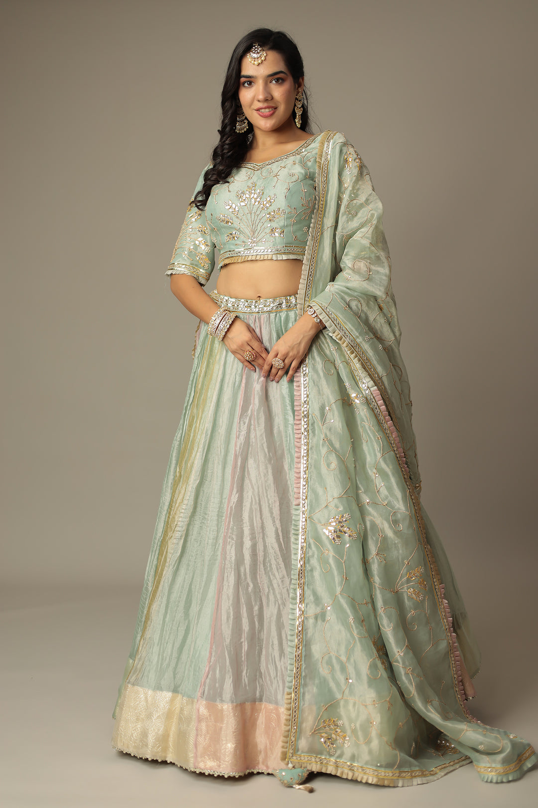 Pastel Multicolor Shimmer Tissue Lehenga with Dori, Gota Patti and Pearl work
