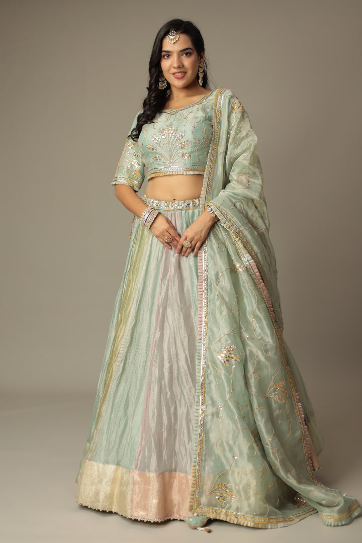 Pastel Multicolor Shimmer Tissue Lehenga with Dori, Gota Patti and Pearl work