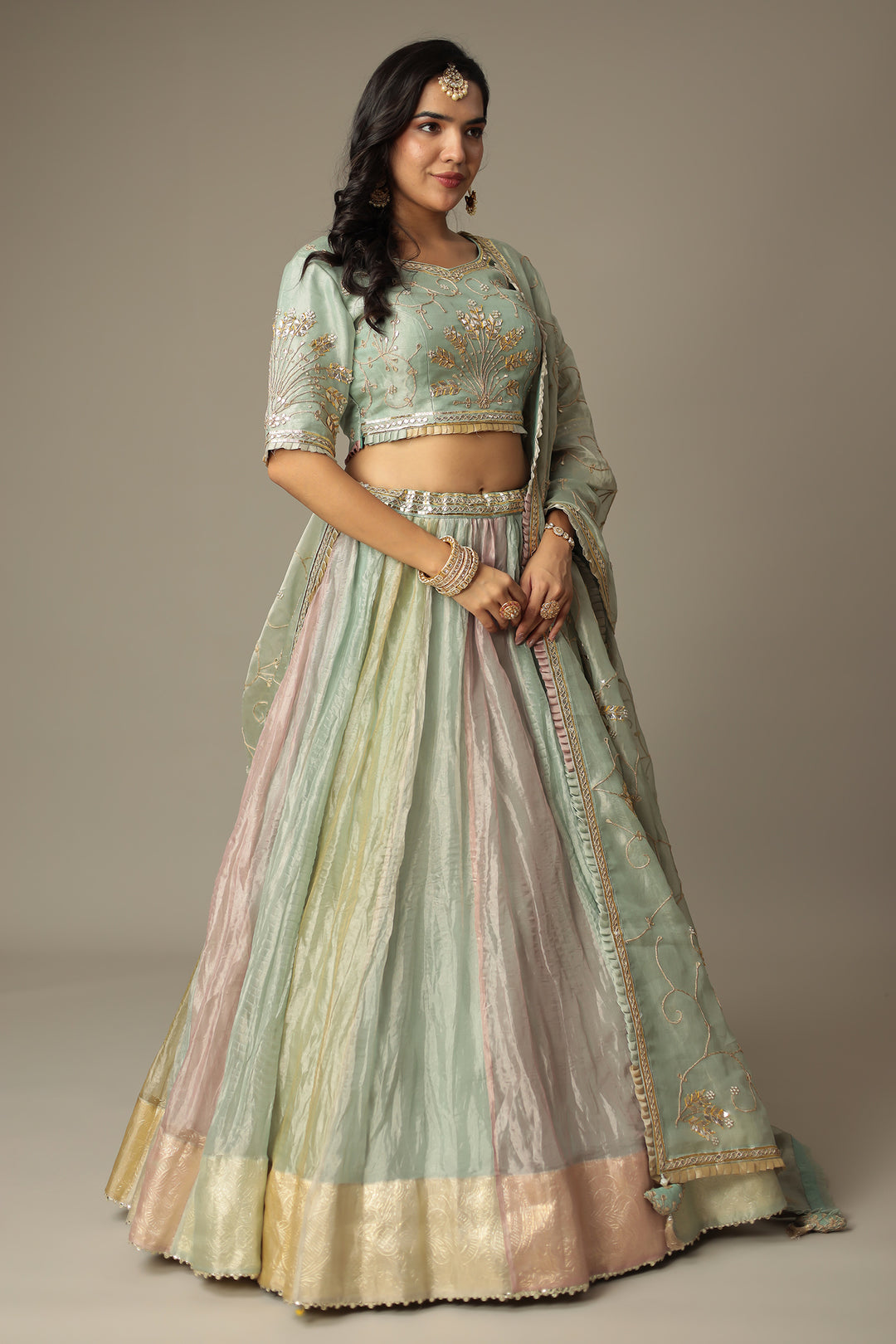 Pastel Multicolor Shimmer Tissue Lehenga with Dori, Gota Patti and Pearl work