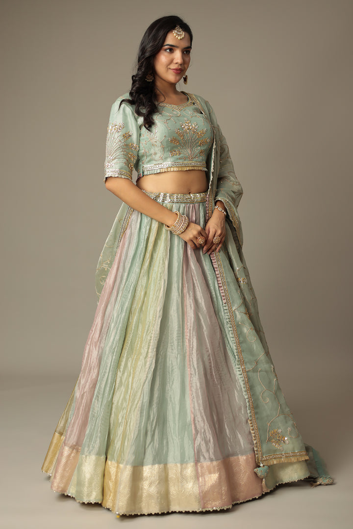 Pastel Multicolor Shimmer Tissue Lehenga with Dori, Gota Patti and Pearl work