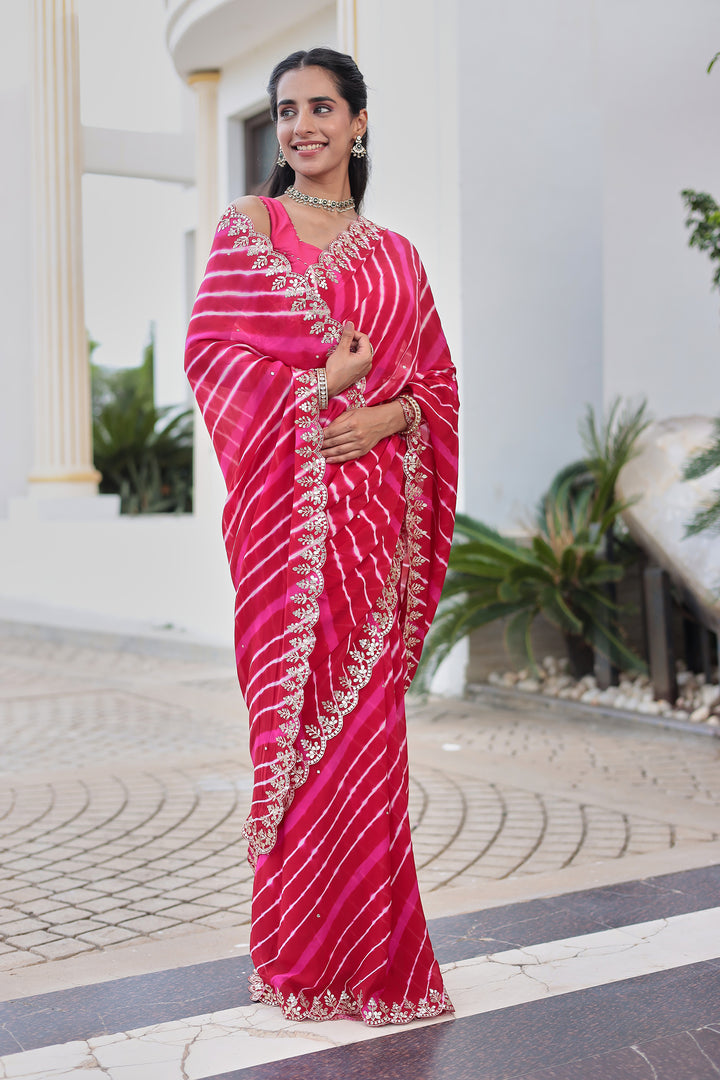 Leheriya Silk Saree with Timeless Aari and Gota Patti Embroidery