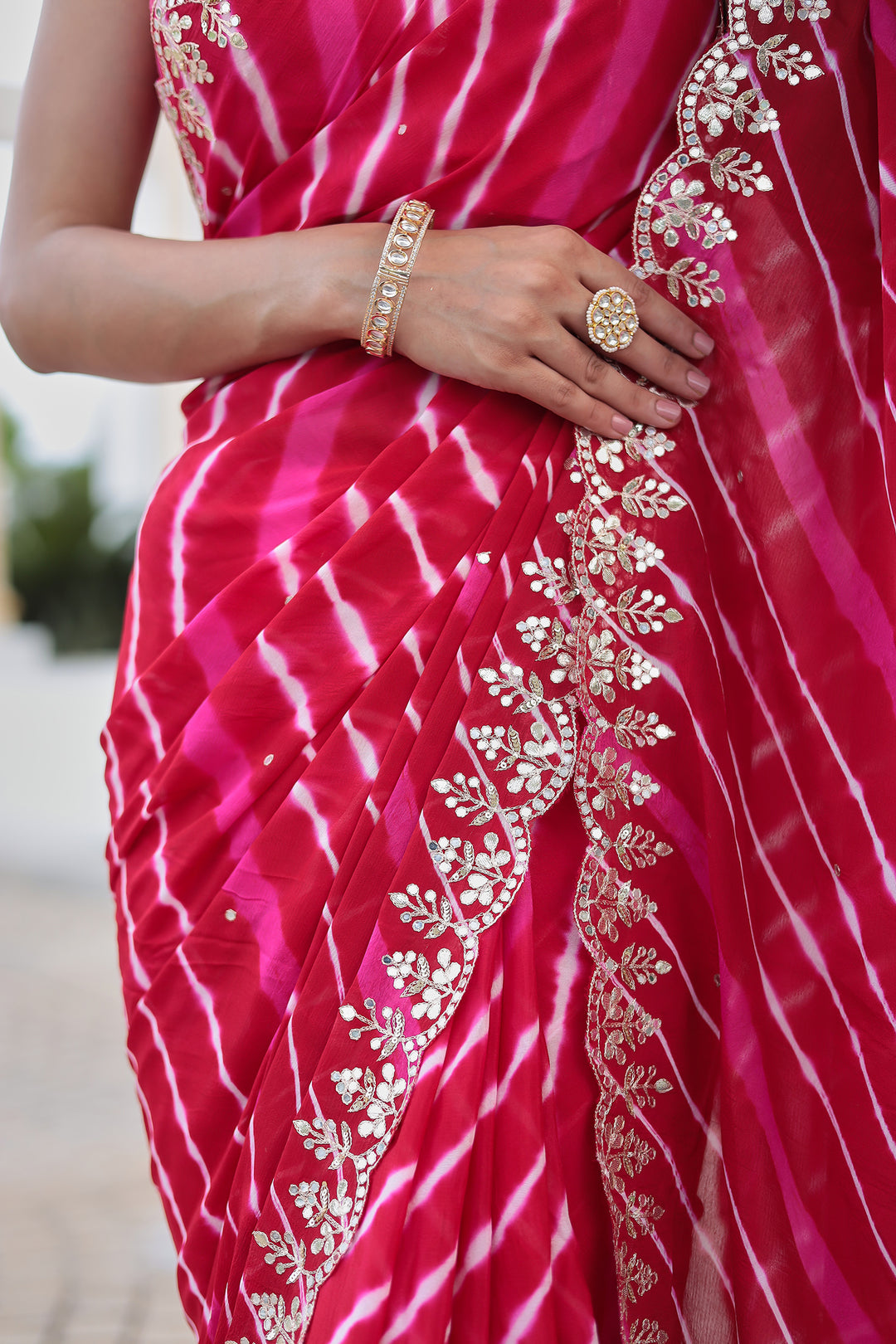 Leheriya Silk Saree with Timeless Aari and Gota Patti Embroidery