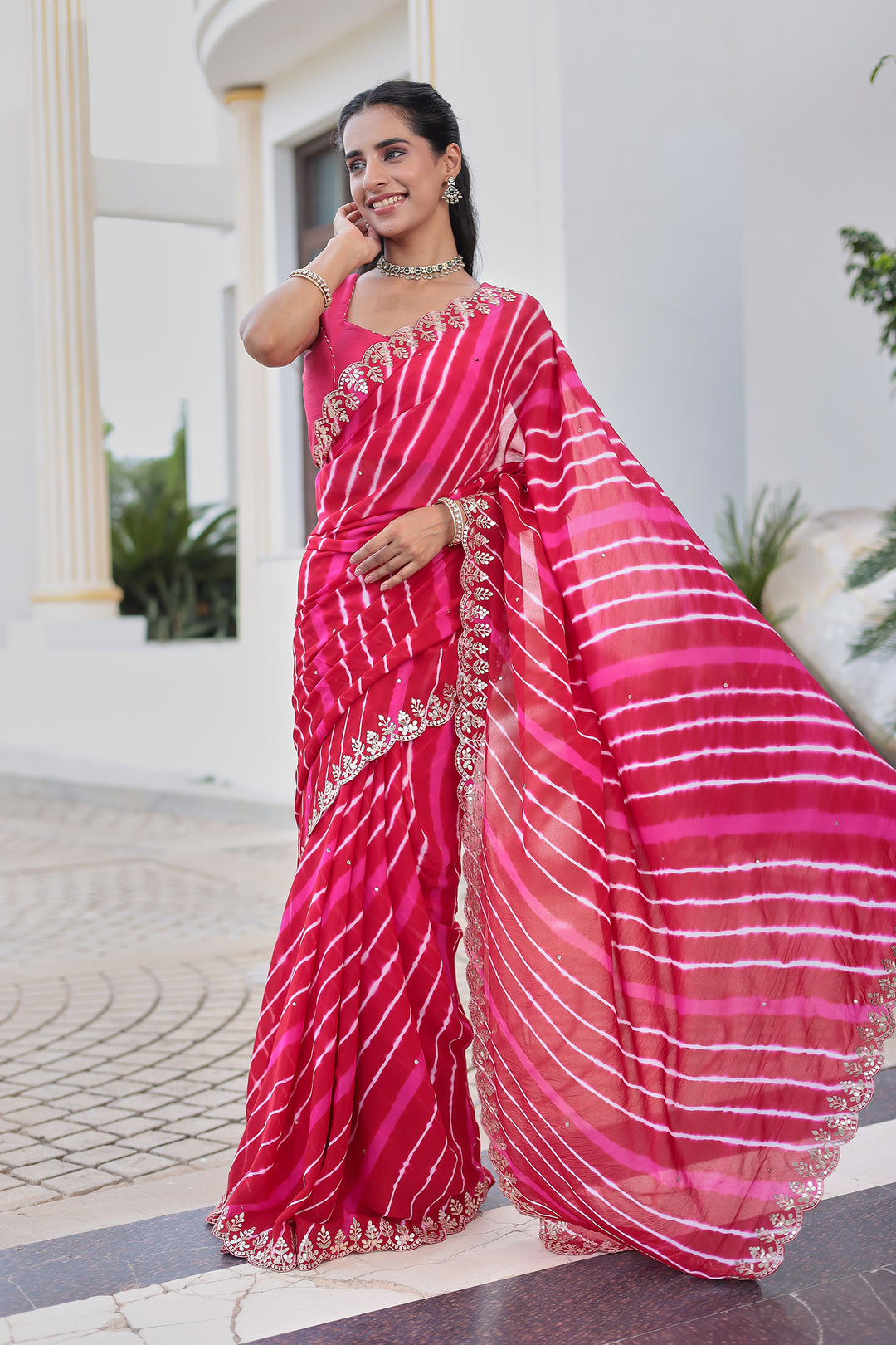 Leheriya Silk Saree with Timeless Aari and Gota Patti Embroidery