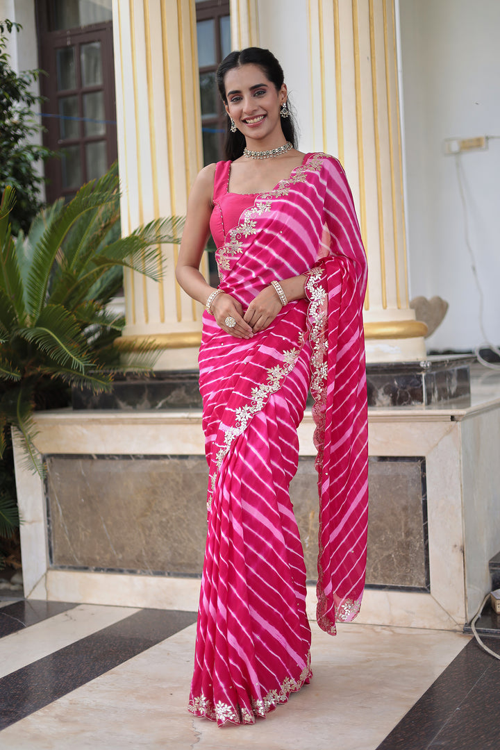 Leheriya Silk Saree with Timeless Aari and Gota Patti Embroidery