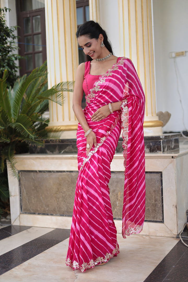 Leheriya Silk Saree with Timeless Aari and Gota Patti Embroidery