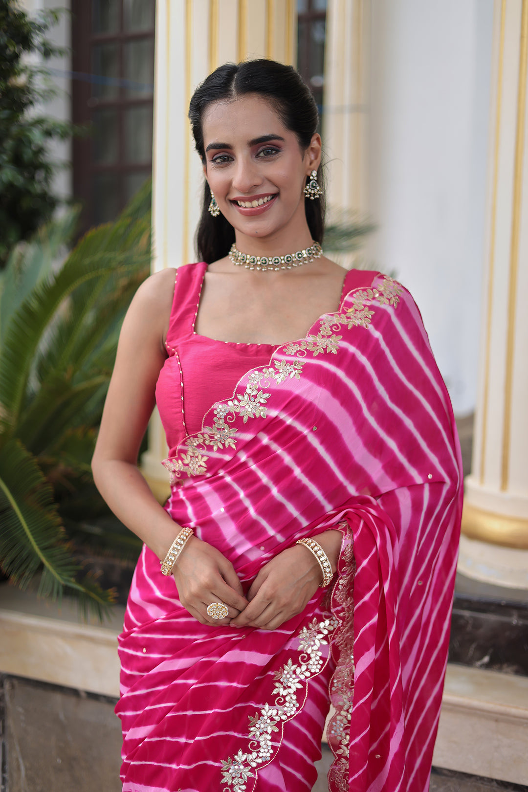 Leheriya Silk Saree with Timeless Aari and Gota Patti Embroidery