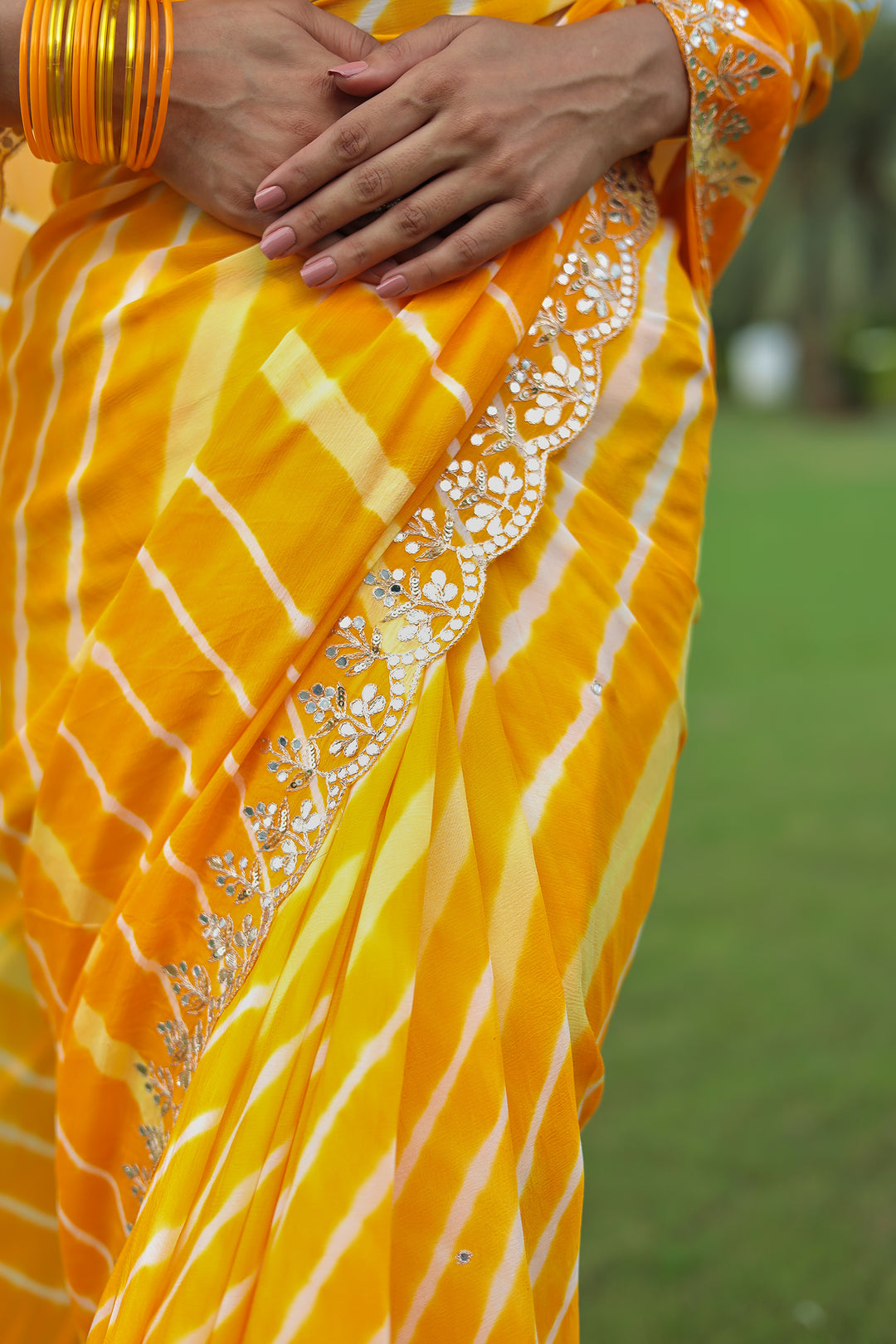 Leheriya Silk Saree with Timeless Aari and Gota Patti Embroidery