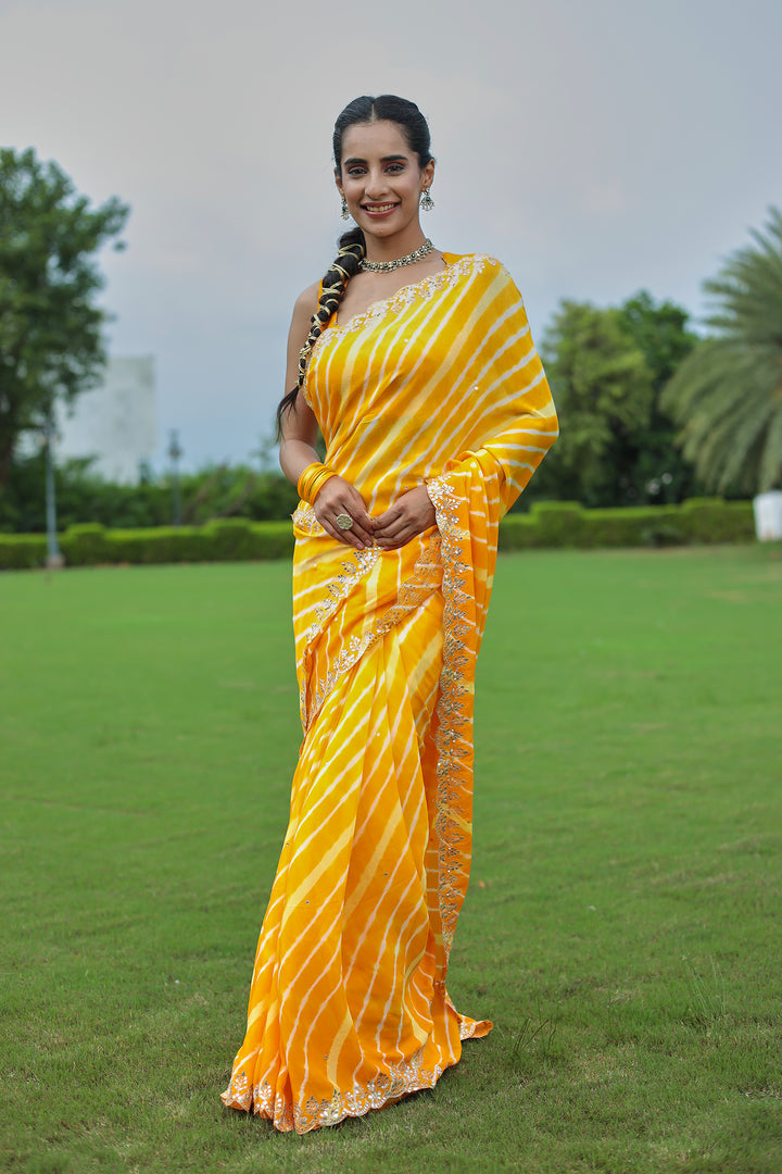 Leheriya Silk Saree with Timeless Aari and Gota Patti Embroidery