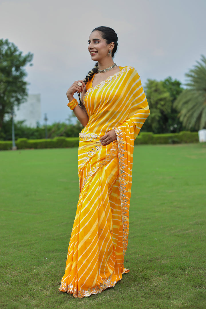 Leheriya Silk Saree with Timeless Aari and Gota Patti Embroidery