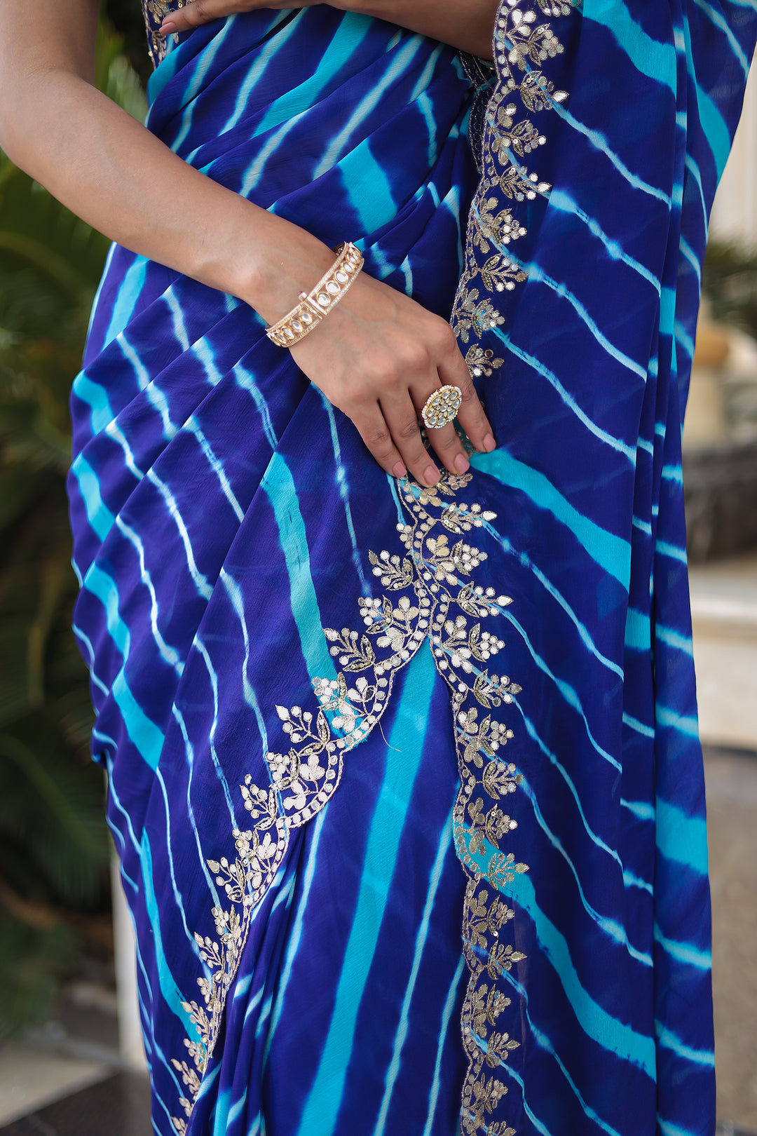 Leheriya Silk Saree with Timeless Aari and Gota Patti Embroidery
