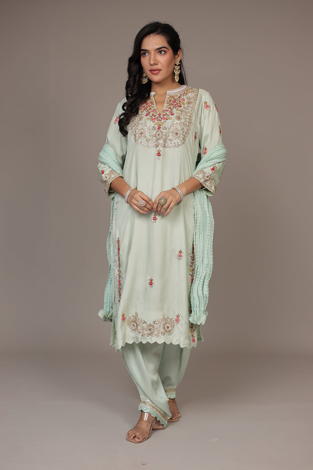 Straight Silk Suit Embroidered with Dori, Gota Patti and Thread work