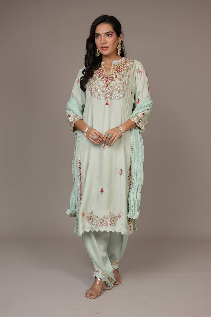 Straight Silk Suit Embroidered with Dori, Gota Patti and Thread work