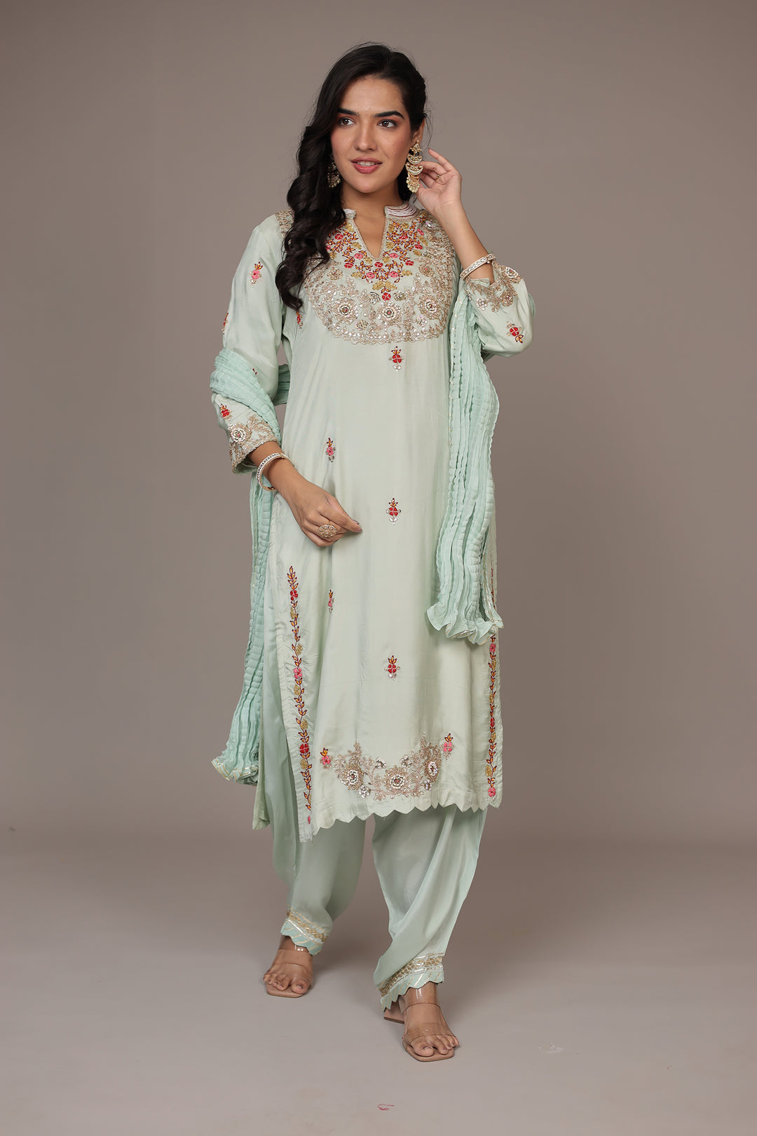 Straight Silk Suit Embroidered with Dori, Gota Patti and Thread work