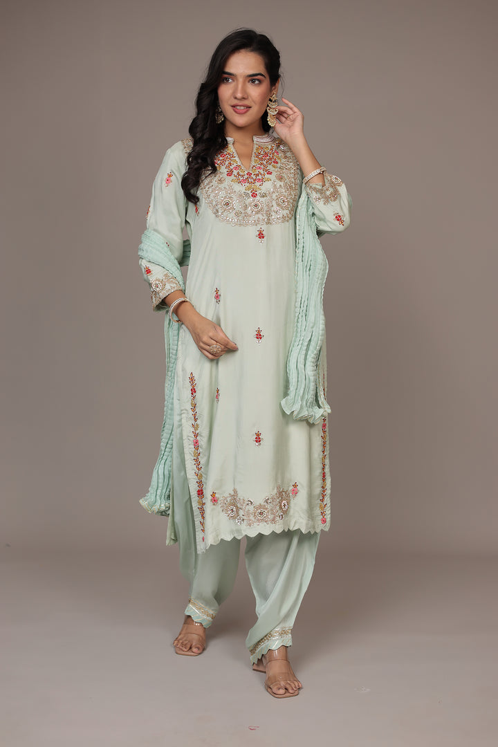 Straight Silk Suit Embroidered with Dori, Gota Patti and Thread work