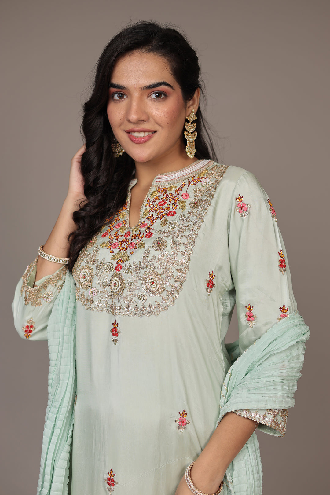 Straight Silk Suit Embroidered with Dori, Gota Patti and Thread work