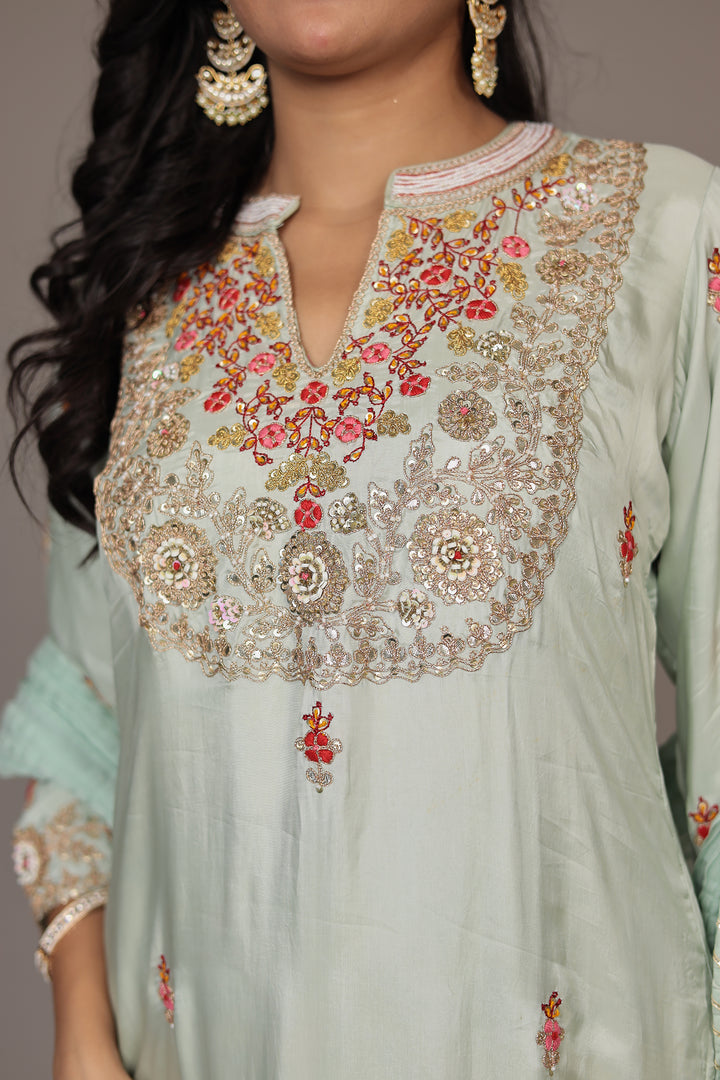 Straight Silk Suit Embroidered with Dori, Gota Patti and Thread work