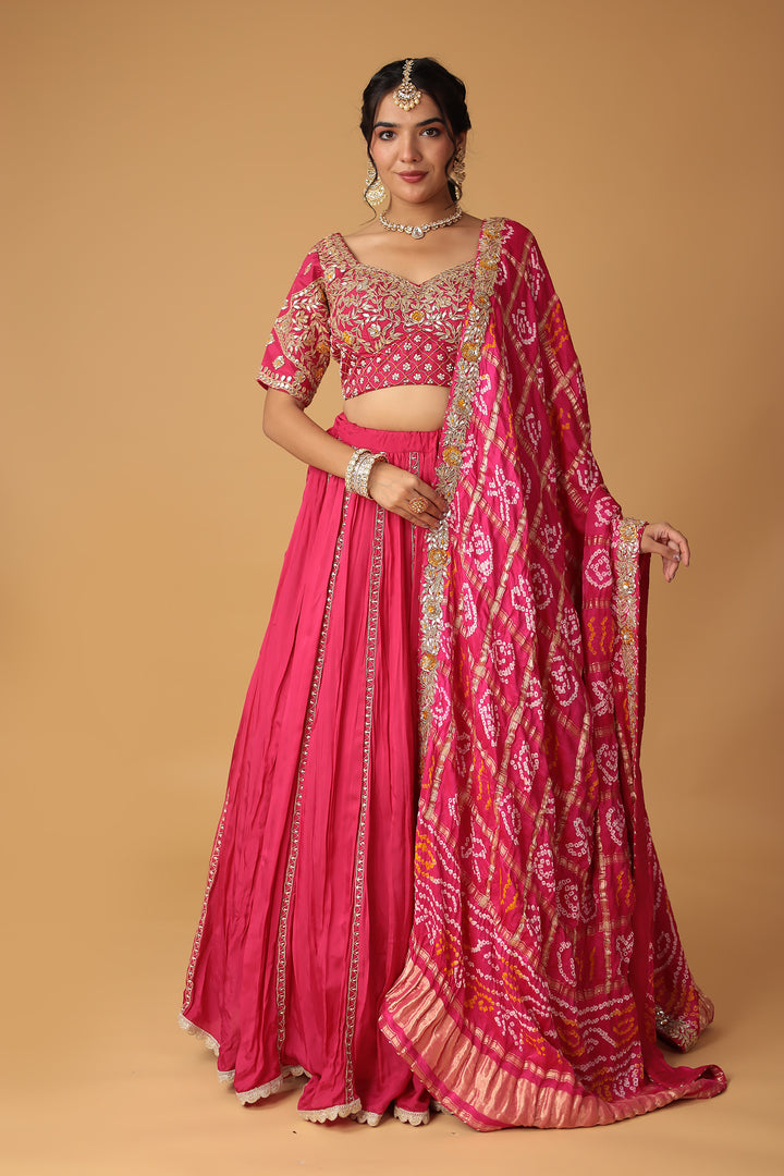 Bandhej Silk Lehenga Embellished with Gota Patti, Thread and Zardozi work.