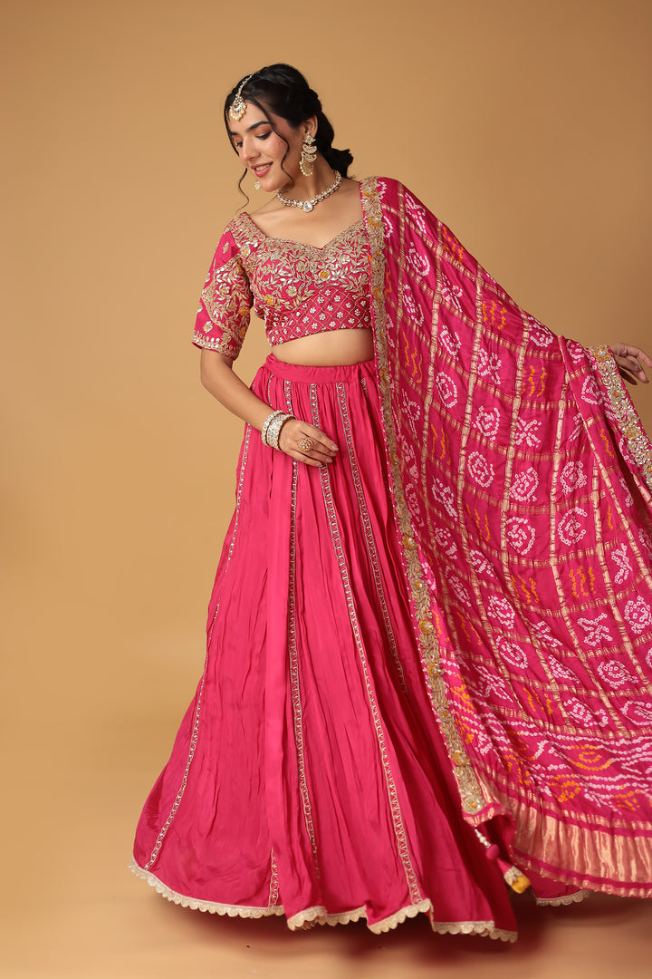 Bandhej Silk Lehenga Embellished with Gota Patti, Thread and Zardozi work.