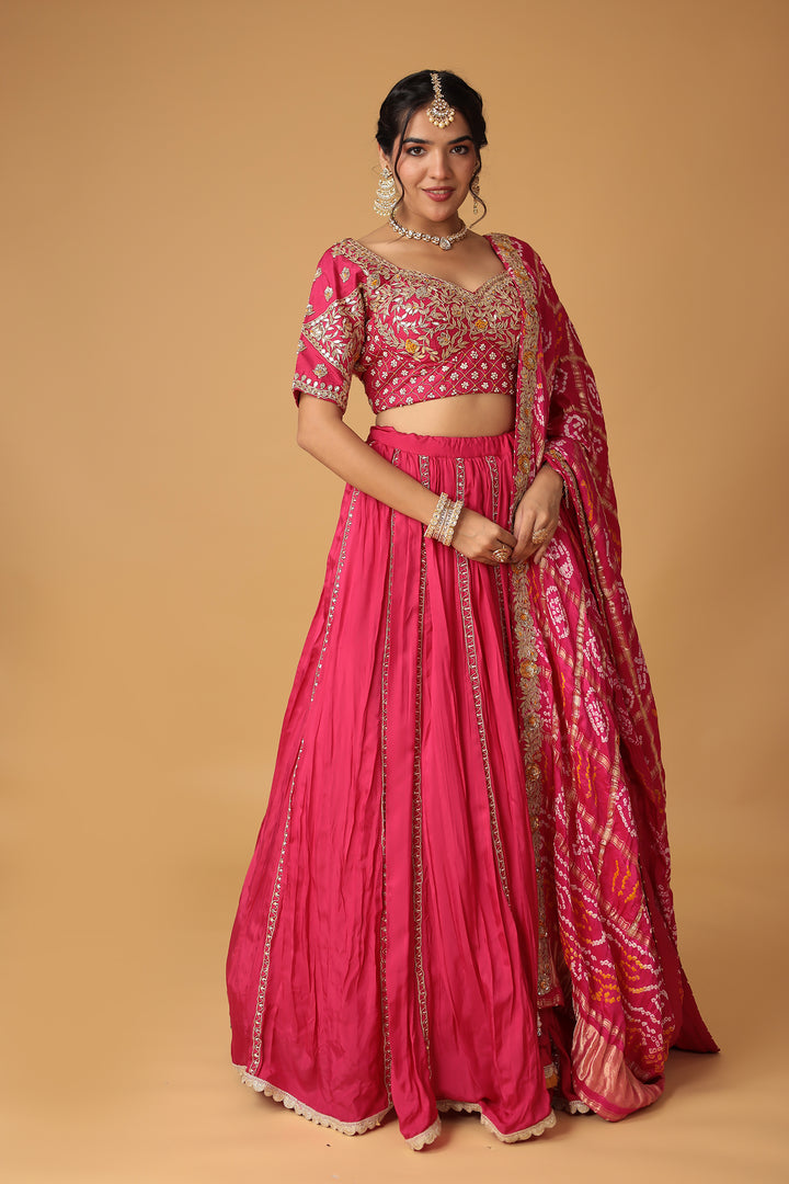 Bandhej Silk Lehenga Embellished with Gota Patti, Thread and Zardozi work.