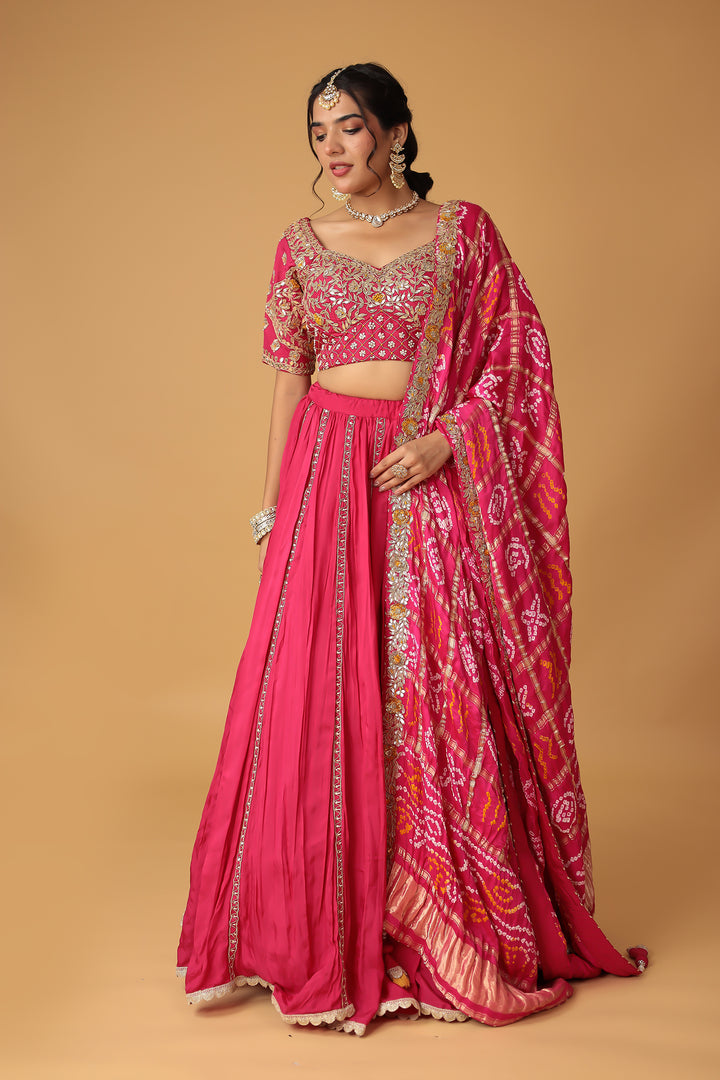 Bandhej Silk Lehenga with Dori, Gota Patti, Pearl, Thread work.