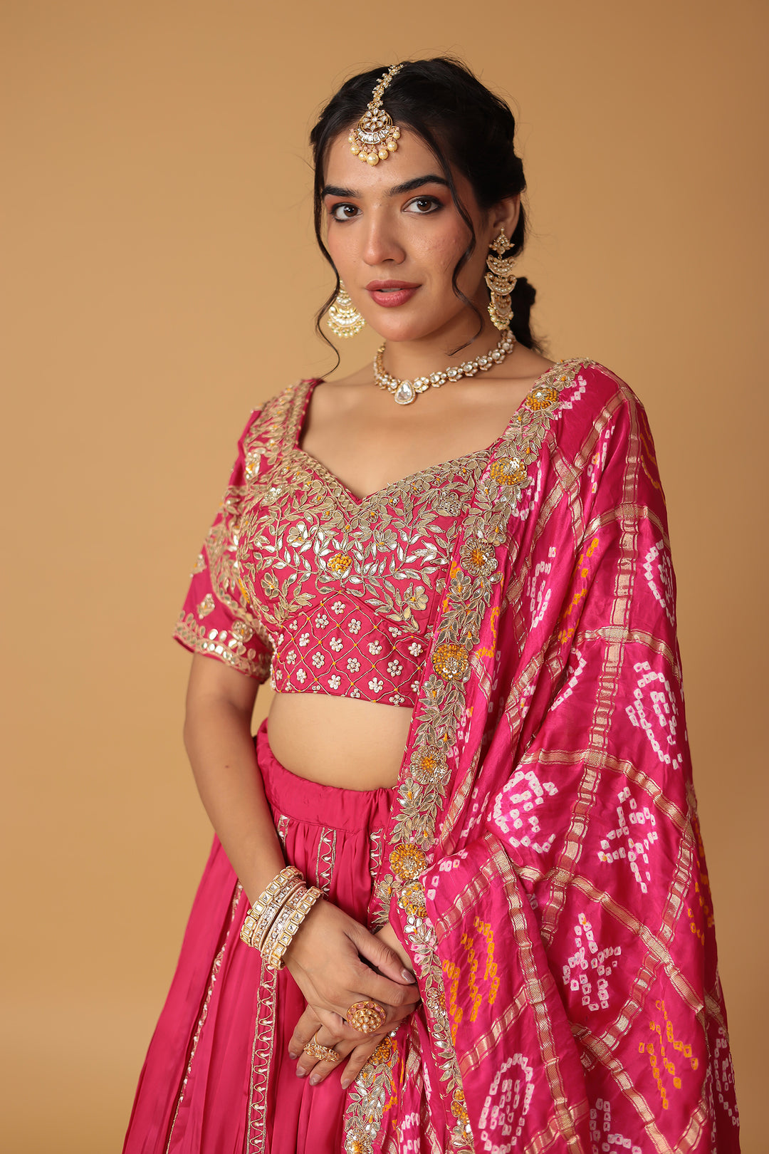 Bandhej Silk Lehenga with Dori, Gota Patti, Pearl, Thread work.