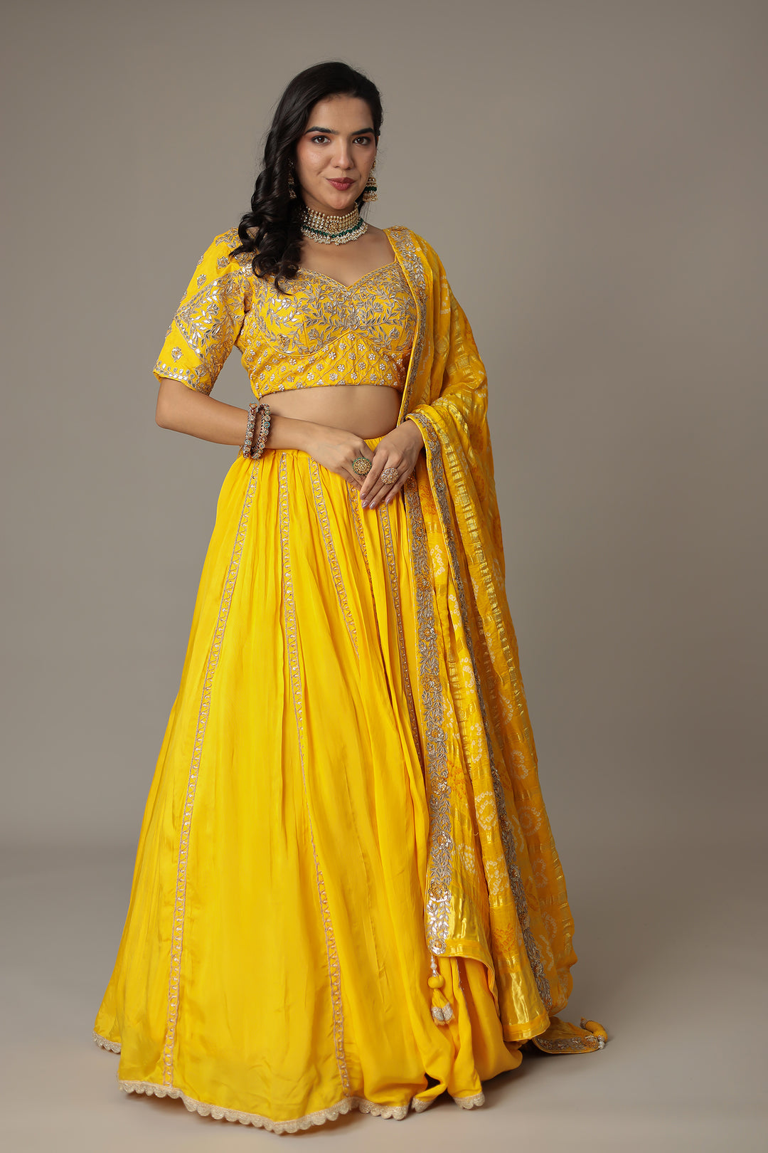 Silk Bandhej Lehenga With Gota Work 