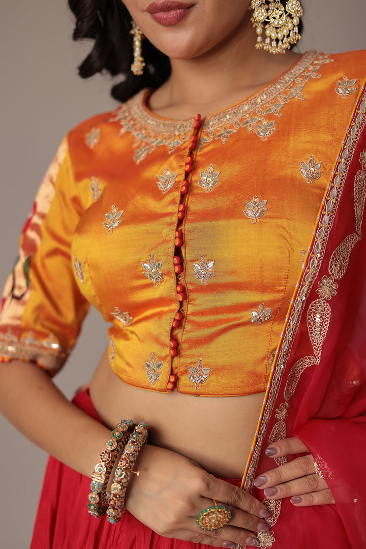 Handwoven Crushed Silk Lehenga with Gota Patti, Thread and Zardozi work