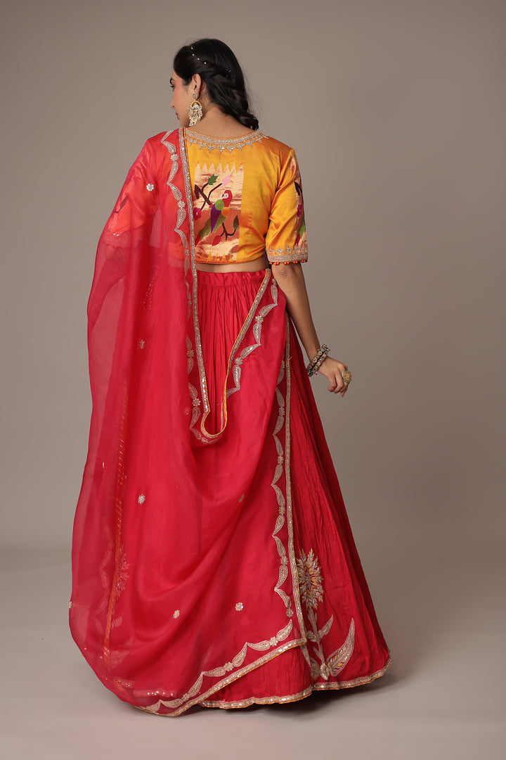Handwoven Crushed Silk Lehenga with Gota Patti, Thread and Zardozi work