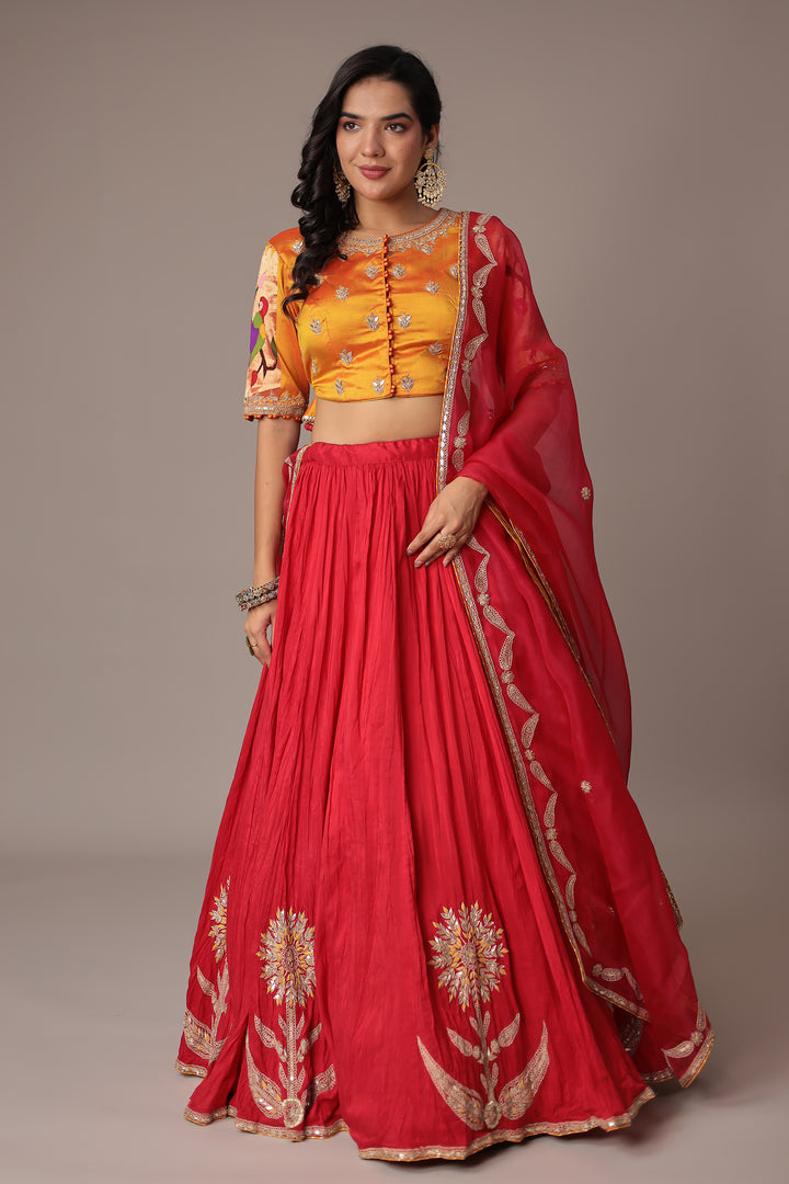 Red Crushed Silk Lehenga