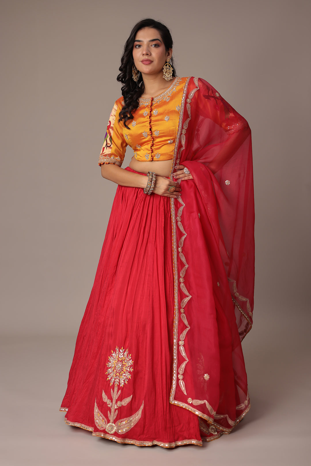 Red Crushed Silk Lehenga