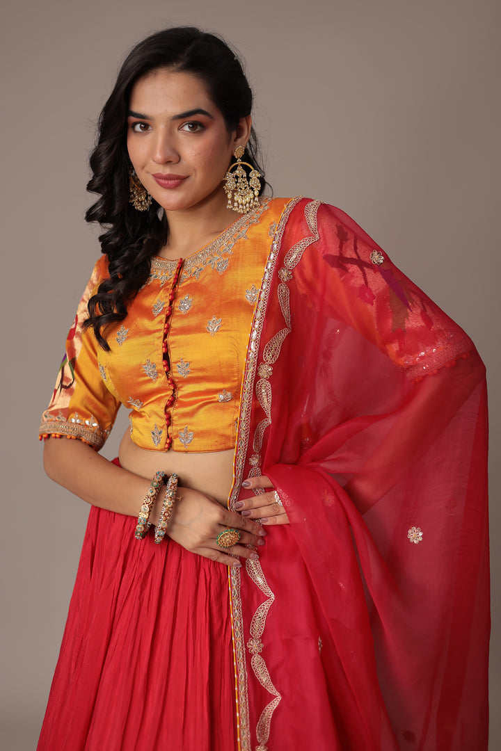 Handwoven Crushed Silk Lehenga with Gota Patti, Thread and Zardozi work