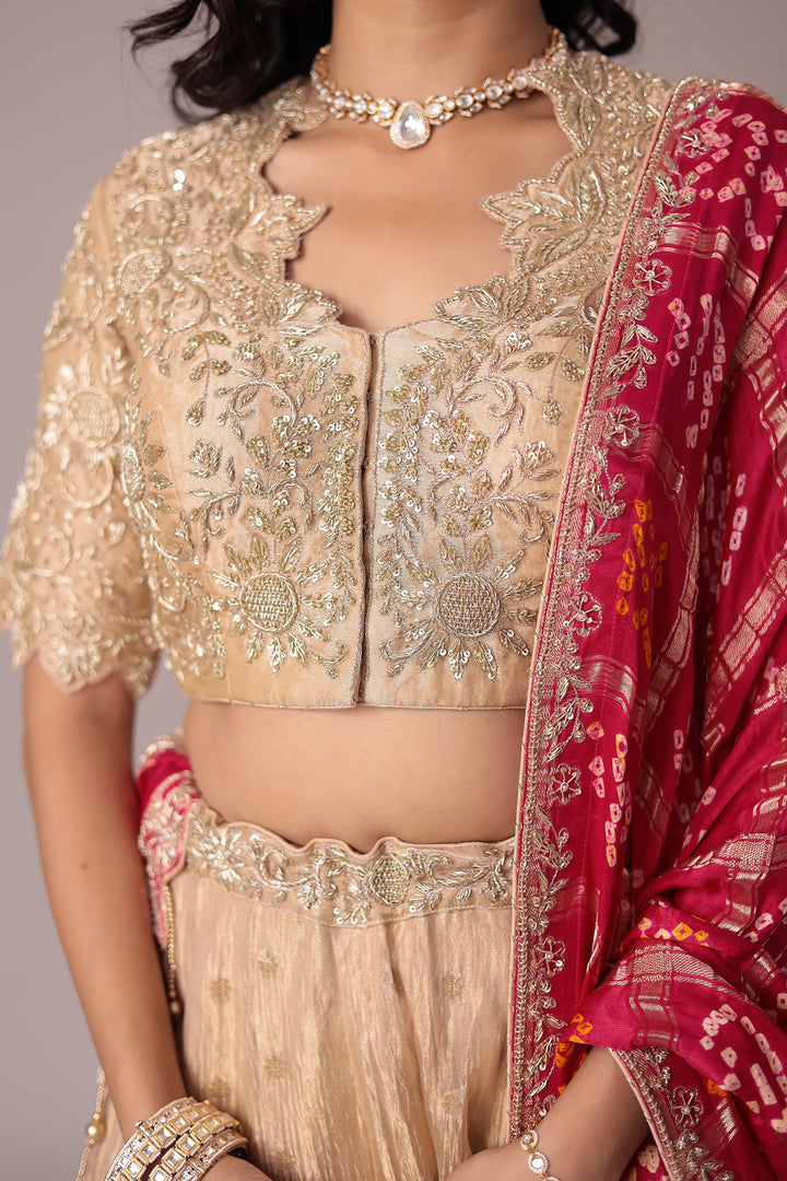 Handloom Bandhej Shimmer Tissue Lehenga with Sequins and Zardozi work