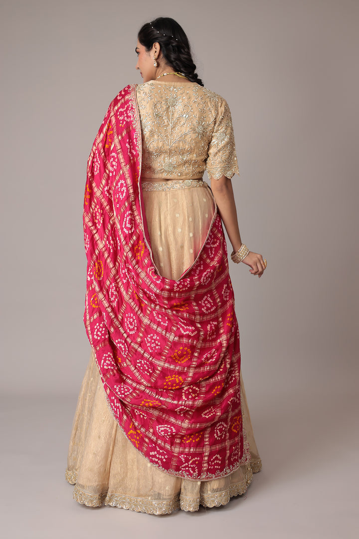 Handloom Bandhej Shimmer Tissue Lehenga with Sequins and Zardozi work