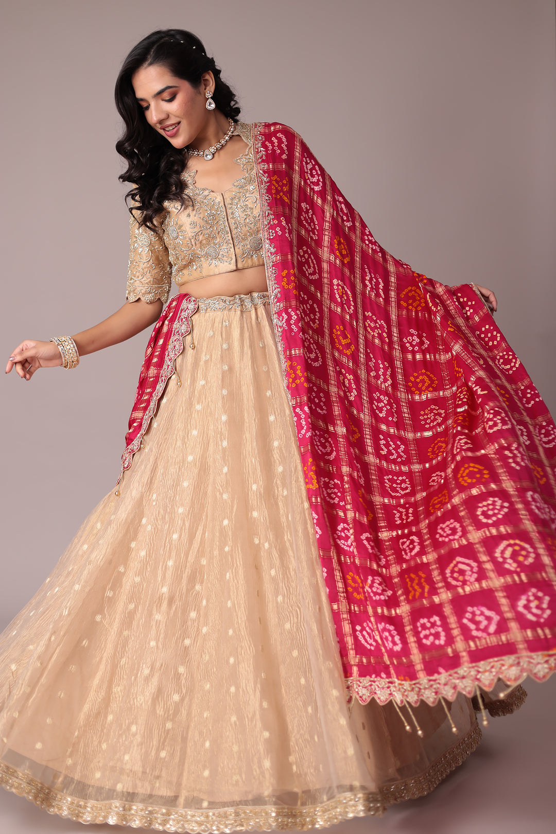 Handloom Bandhej Shimmer Tissue Lehenga with Sequins and Zardozi work