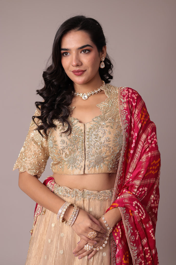 Handloom Bandhej Shimmer Tissue Lehenga with Sequins and Zardozi work