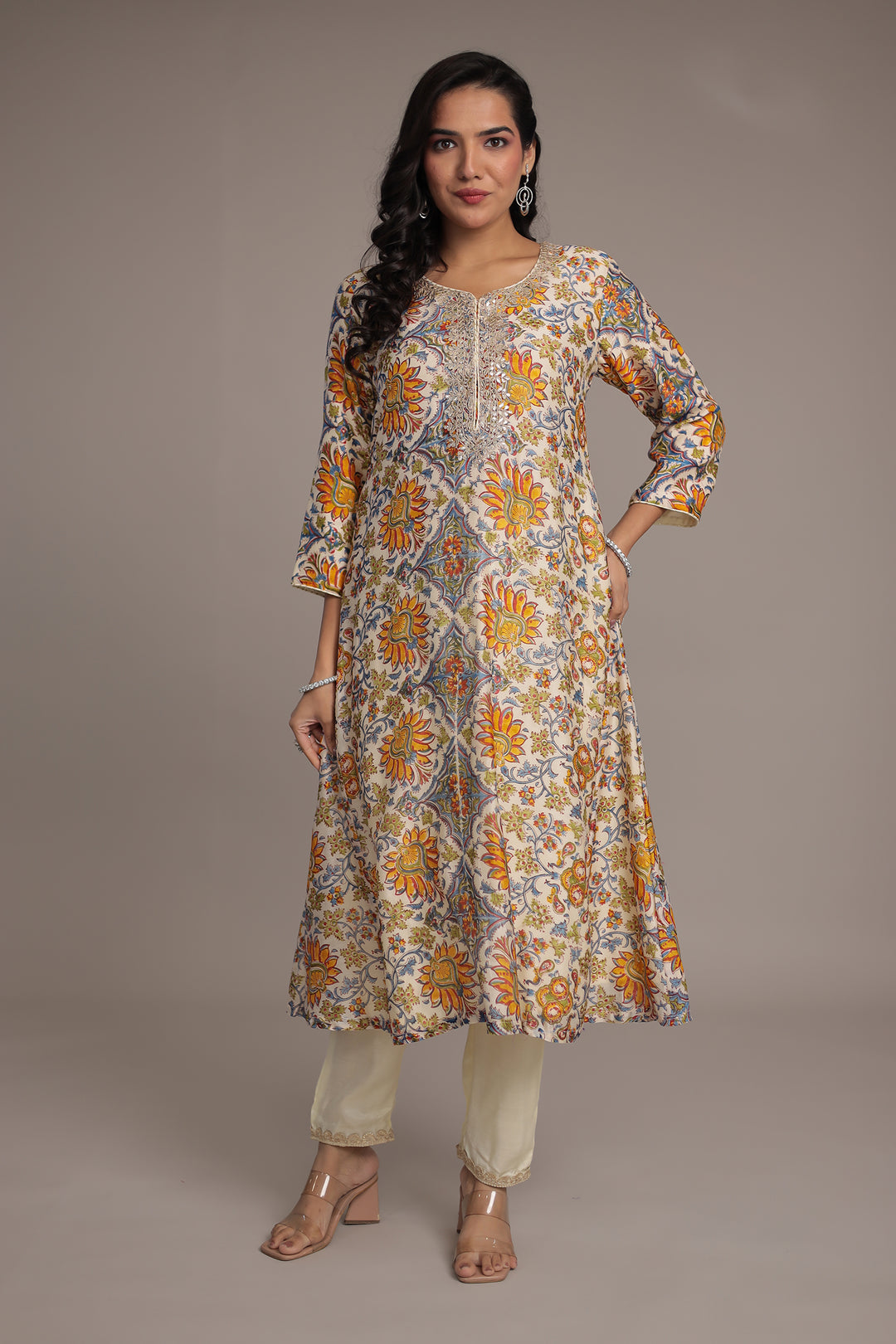 Cream Printed Chanderi Suit 